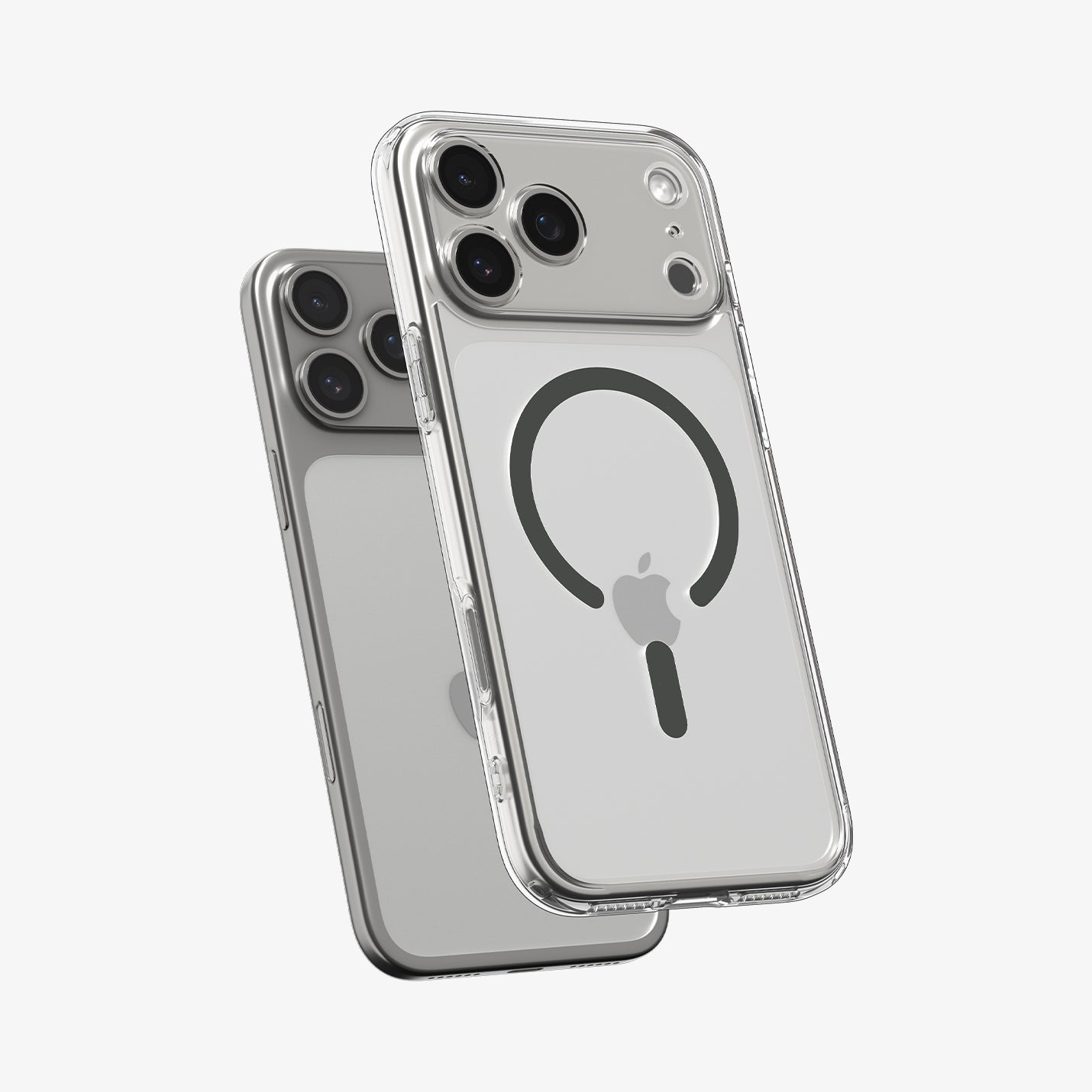 ACS10067 - iPhone 17 Pro Ultra Hybrid (MagFit) in Clear Graphite showing the front of layer hovering above the magfit magnet plate and the case