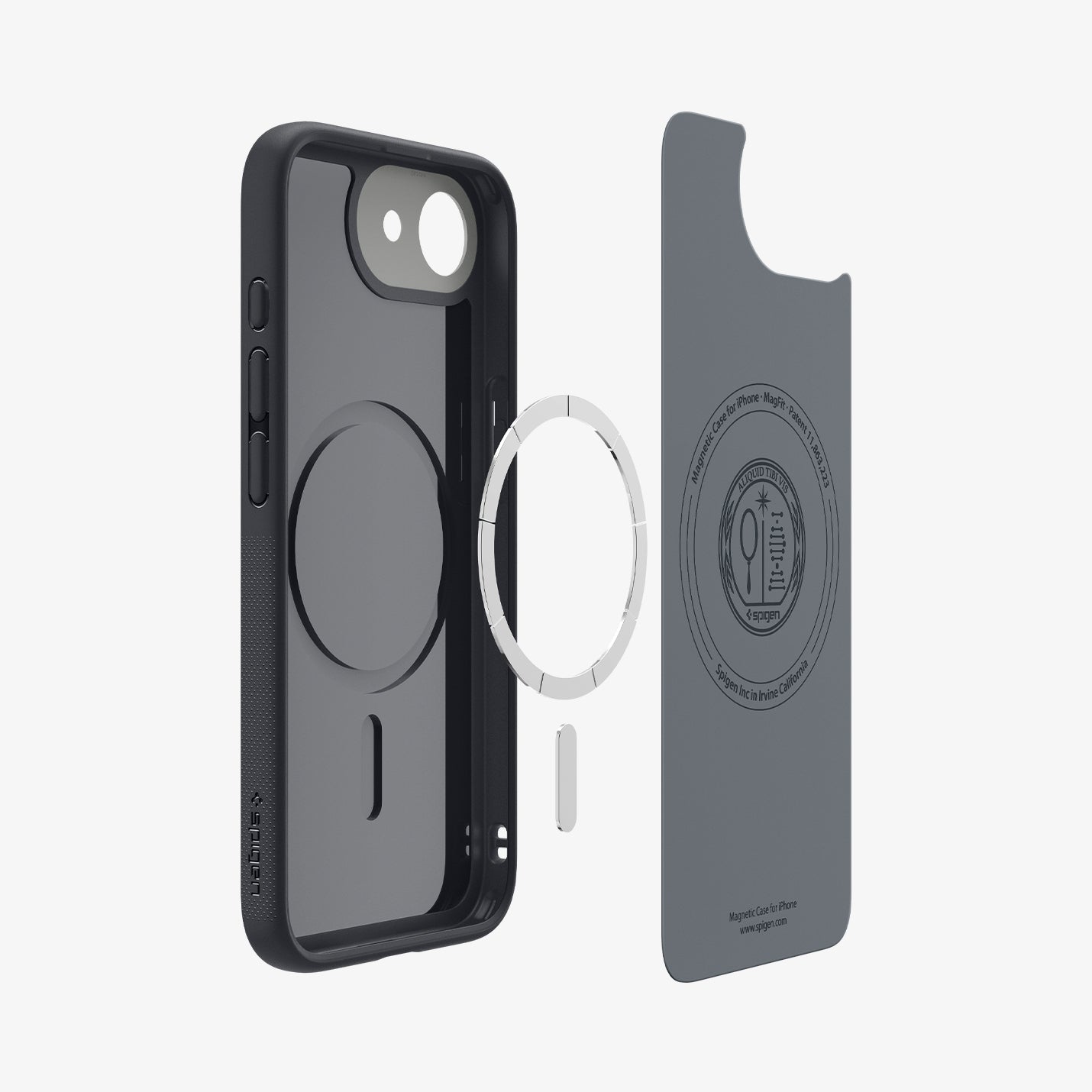 ACS09155 - iPhone 16e Case Nano Pop (MagFit) in Black Sesame showing the inner hovering in front of the detached metal ring and the case