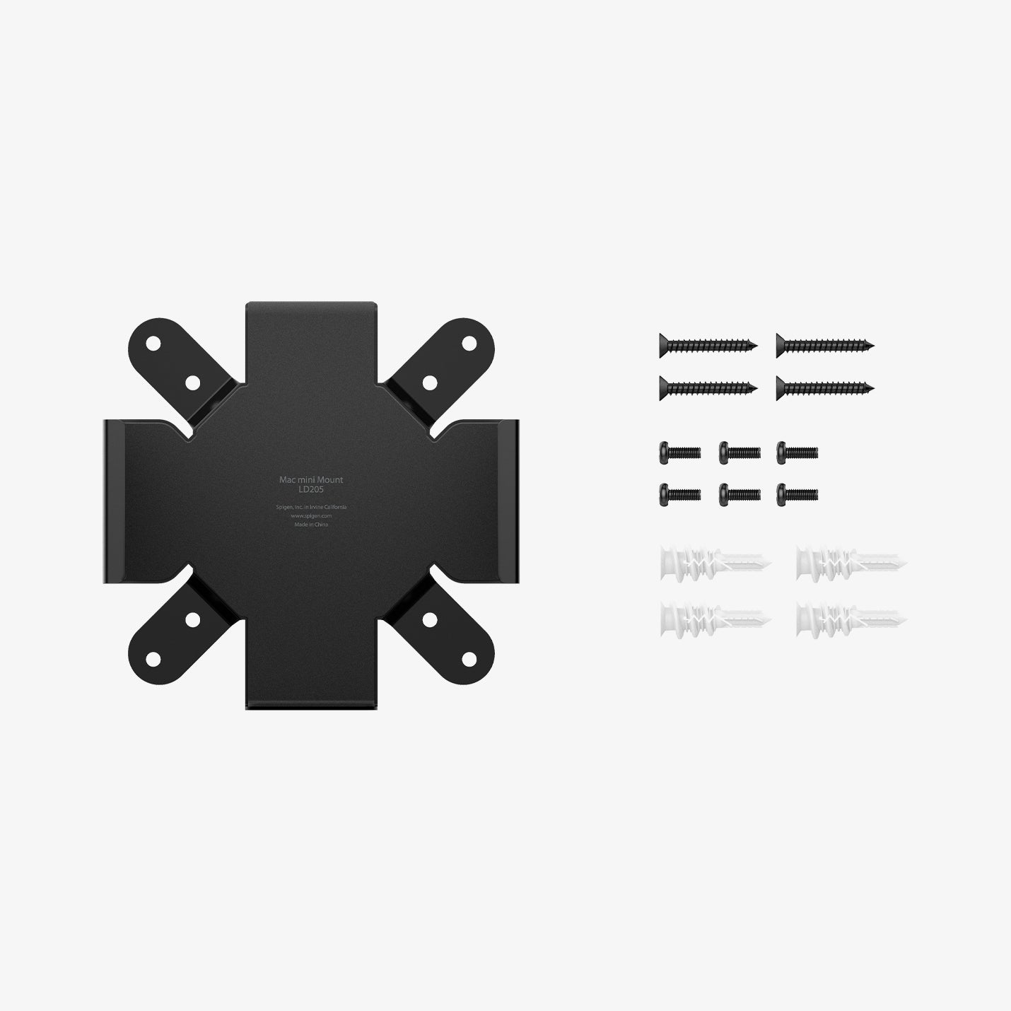 AMP09226 - Mac Mini M4 Mount LD205 in Charcoal Gray showing the mount, anchors, bolts and screws