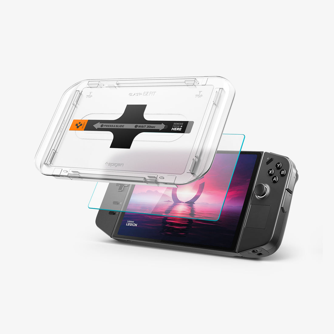 AGL07615 - Lenovo Legion Go GLAS.tR EZ Fit in Clear showing the front of the alignment tray hovering in front of a screen protector and a device and behind it, another set of alignment tray, screen protector and a device with the packaging