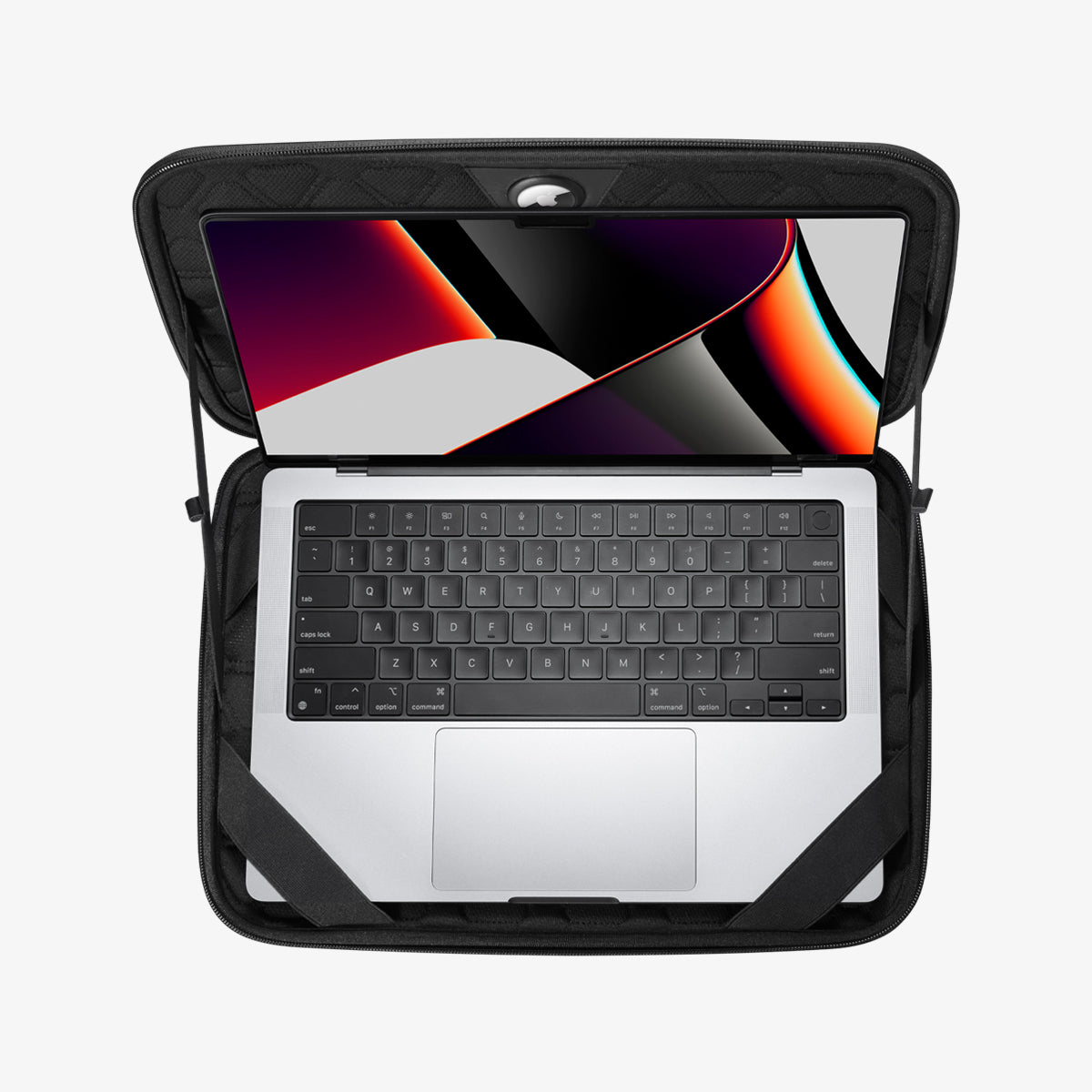 AFA04270 - Rugged Armor Pro Laptop Pouch 14" in Black showing the top view of the device while open, and inside of the pouch