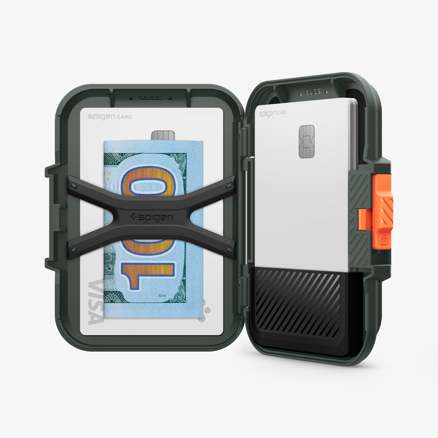 AFA08528 - MagSafe Card Holder Lock Fit (MagFit) in Military Green showing the inside and side with cards and money in slot