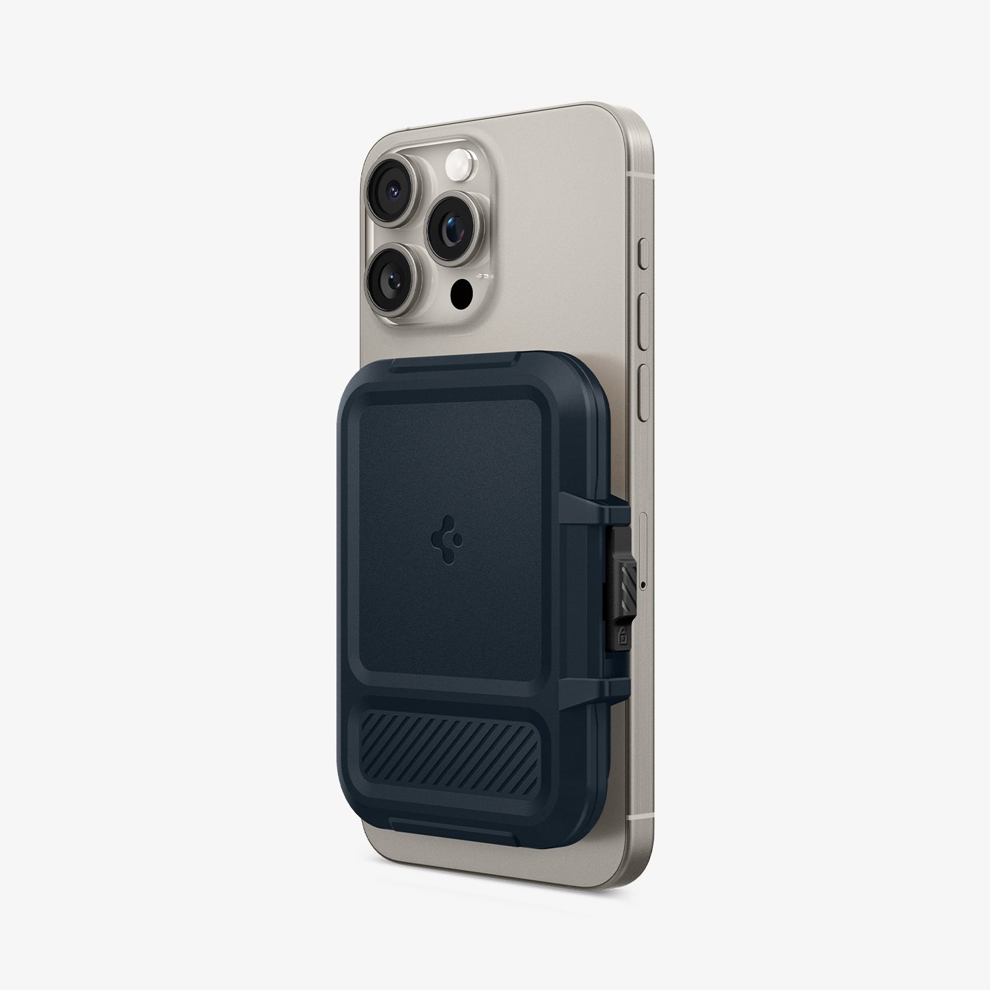 AFA08526 - MagSafe Card Holder Lock Fit (MagFit) in Metal Slate showing the card holder attached to back of a device