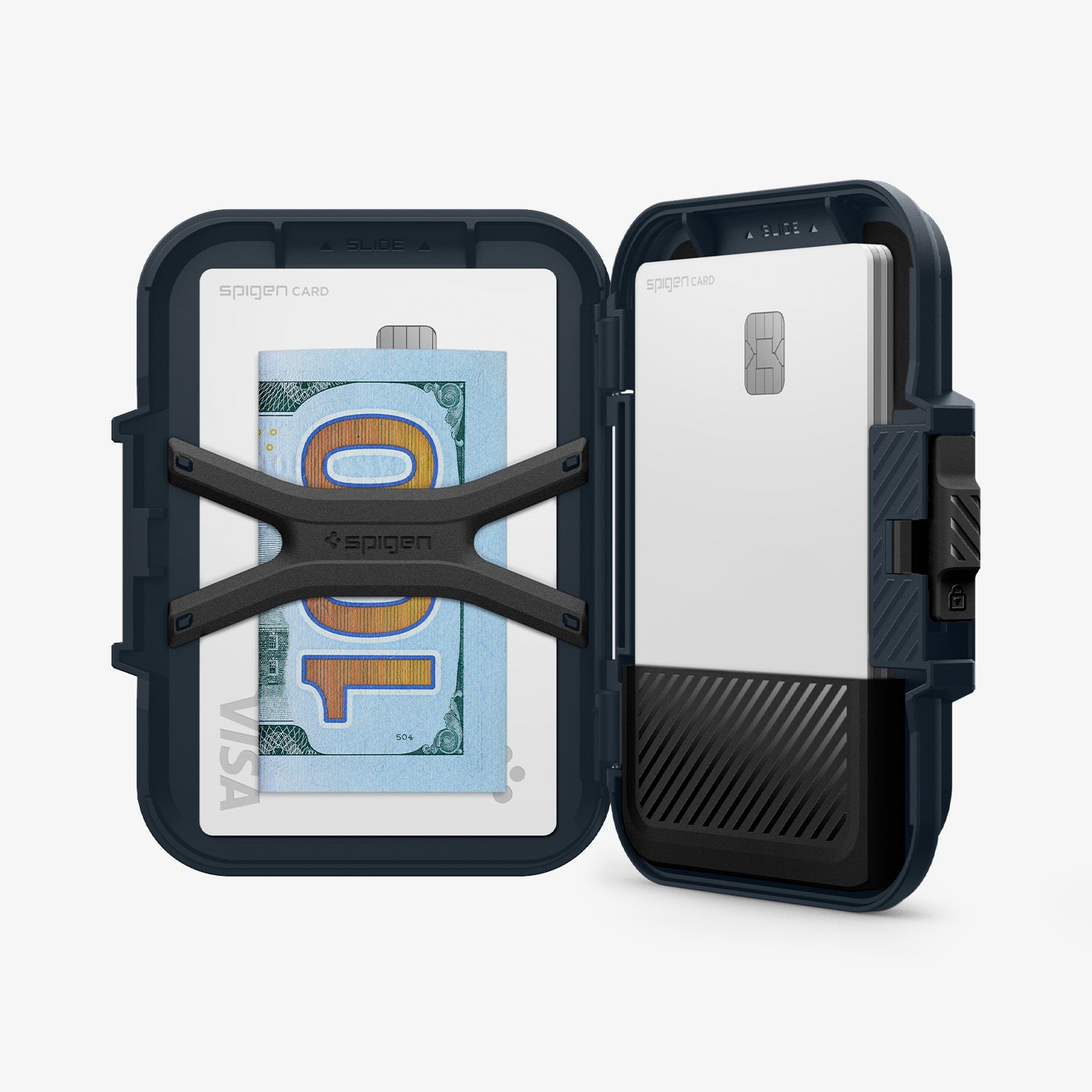 AFA08526 - MagSafe Card Holder Lock Fit (MagFit) in Metal Slate showing the inside and side with cards and money in slot
