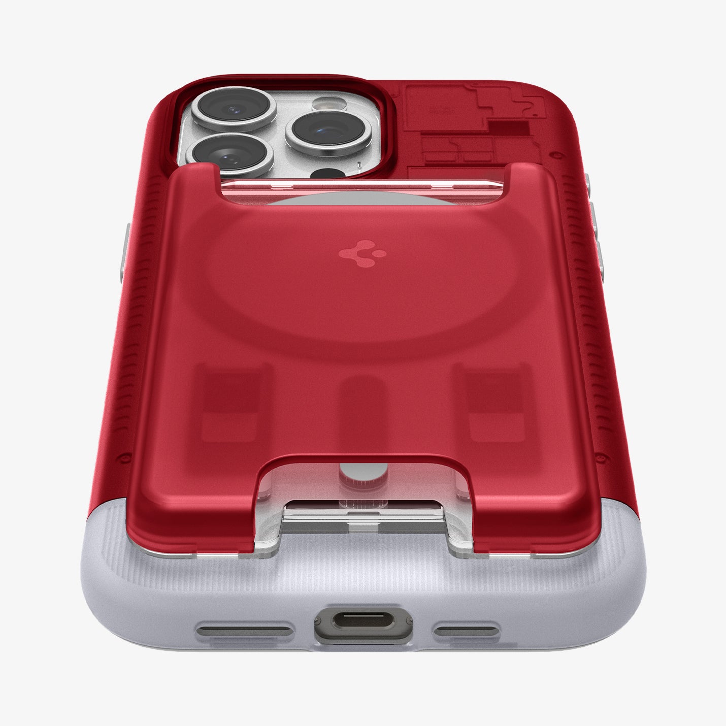 SPBD240006 - iPhone 15 Pro Case Classic C1 Bundle (MagFit) in Ruby showing the bottom and front of the card slot attached to a device showing partial back zoomed in