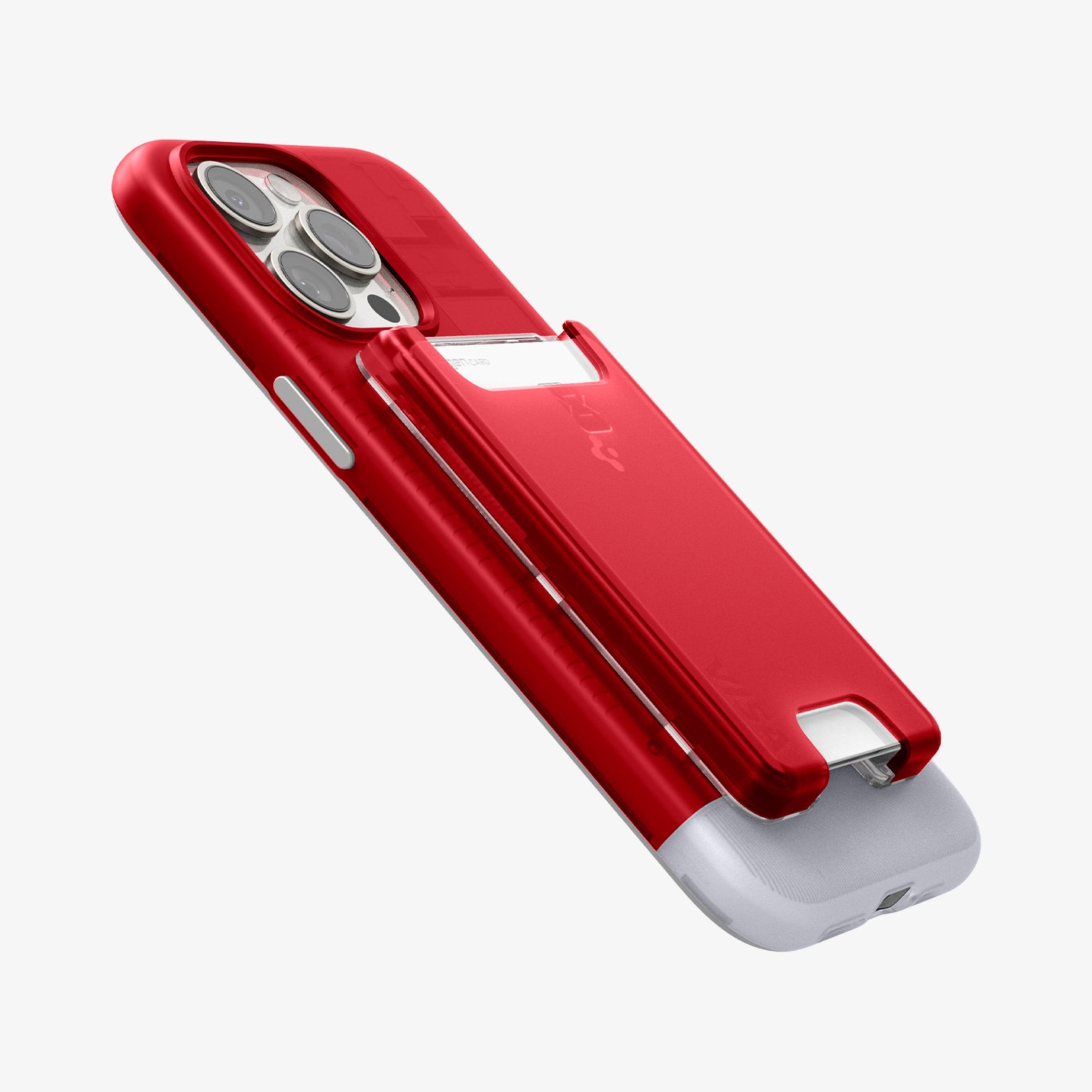 SPBD240005 - iPhone 15 Pro Max Case Classic C1 Bundle (MagFit) in Ruby showing the partial front and side of a card slot attached to a device showing partial back, side and bottom