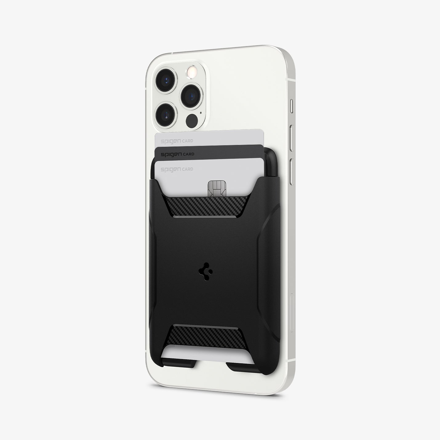 AFA07150 - MagSafe 3 Card Holder Rugged Armor (MagFit) in Black showing the front and partial side of a card holder with 3 cards inserted and attached to the back of a device