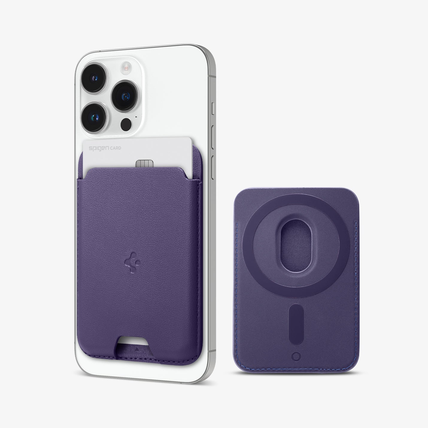 AFA06267 - MagSafe Card Holder Valentinus (MagFit) in purple showing the card holder attached to back of device with card in slot