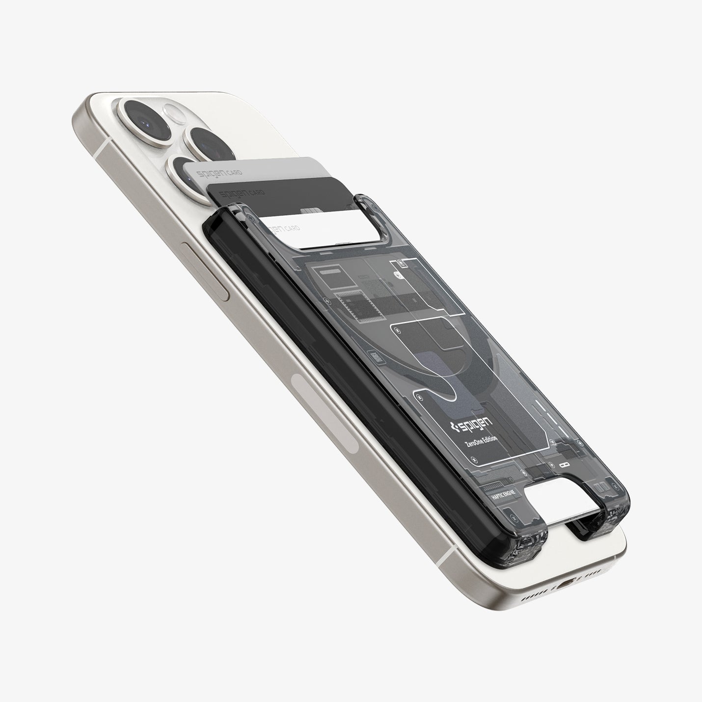 AFA07400 - Ultra Hybrid Zero One MagFit Wallet (MagFit) in Zero One showing the front, partial sides with cards inserted attached to a device showing partial back, side and bottom