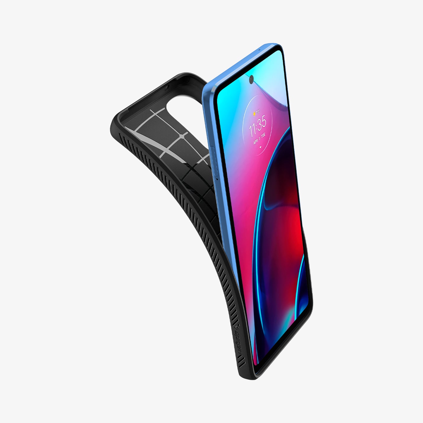 ACS04469 - Moto G Stylus 5G (2022) Case Liquid Air in matte black showing the front with case bending away from the device