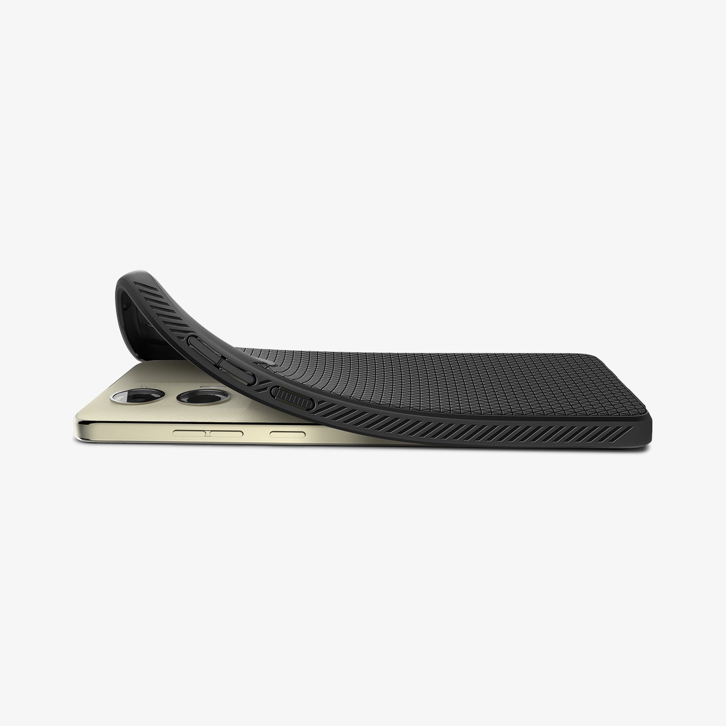ACS08546 - Moto G Stylus 5G (2024) Case Liquid Air in Matte Black showing the partial back , sides partially peeled off from the device on a flat surface
