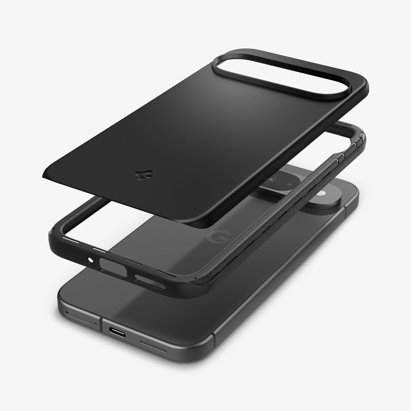 ACS07697 - Pixel 9 Pro Case Thin Fit in Black showing the back hovering above the detached frame and the device