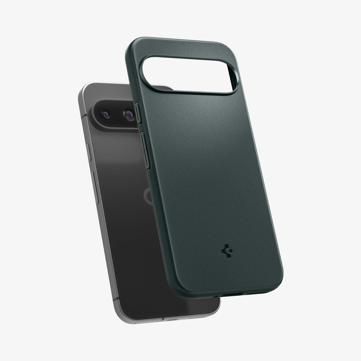 ACS07699 - Pixel 9 Pro Case Thin Fit in Abyss Green showing the back, partially hovering in front of the device