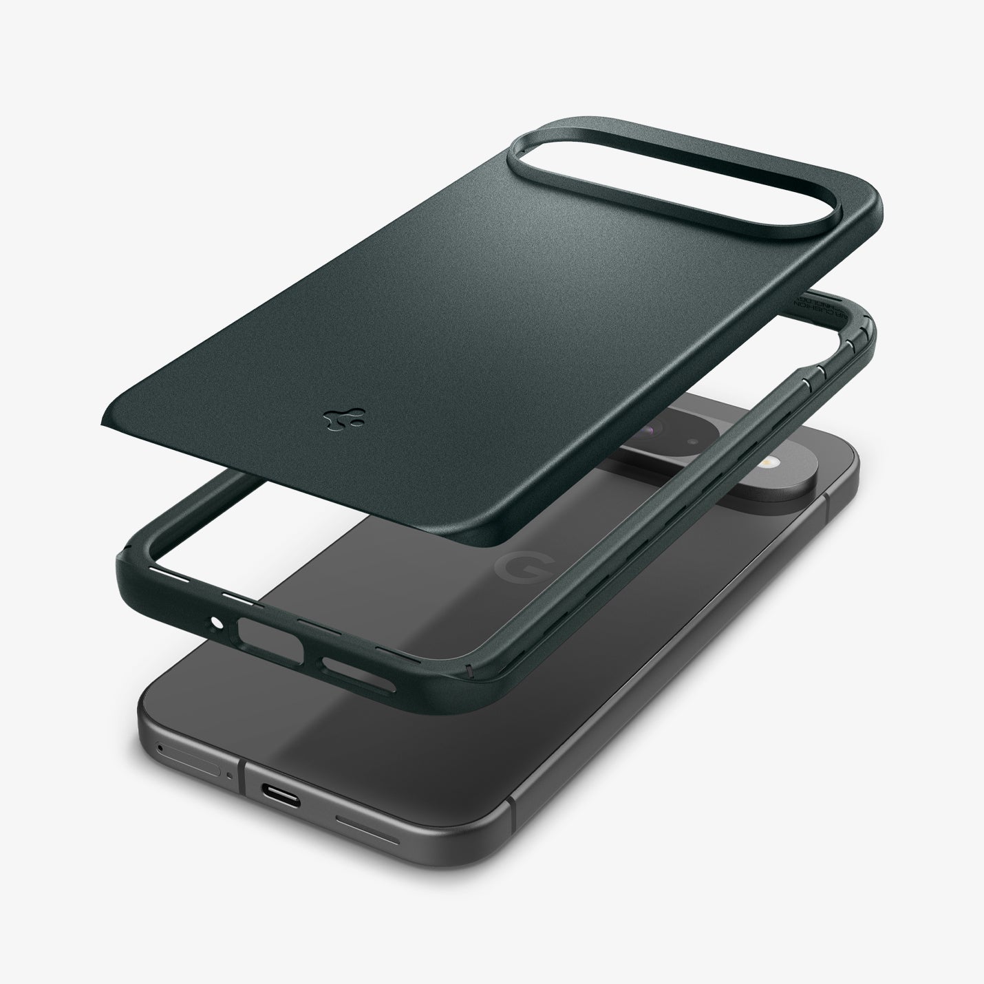 ACS07699 - Pixel 9 Pro Case Thin Fit in Abyss Green showing the back hovering above the detached frame and the device