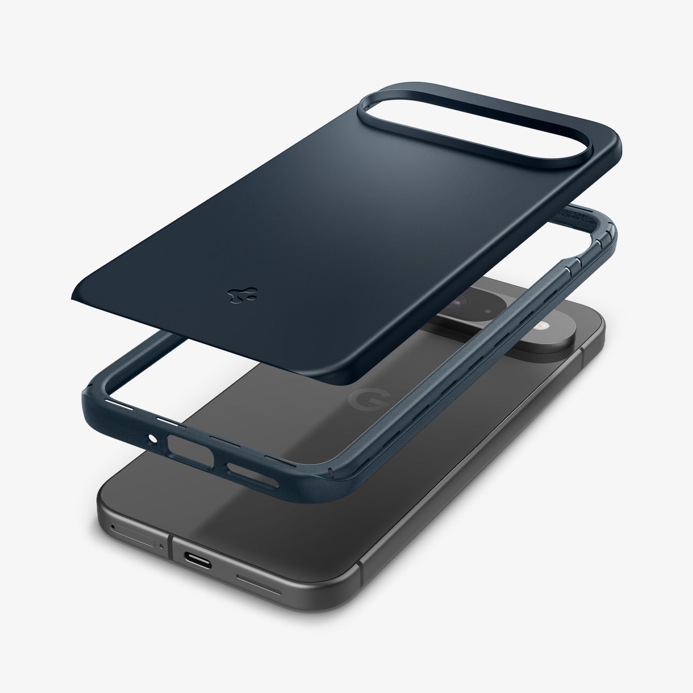 ACS07698 - Pixel 9 Pro Case Thin Fit in Metal Slate showing the back hovering above the detached frame and the device
