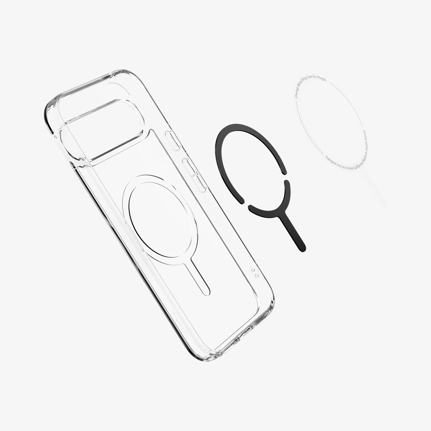 ACS09025 - Pixel 9 Case Ultra Hybrid Metal Ring (MagFit) in White showing the mag ring hovering from detached back case