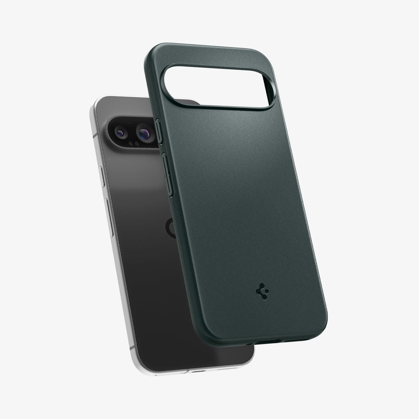 ACS07733 - Pixel 9 Pro XL Case Thin Fit in Abyss Green showing the back, partially hovering in front of the device