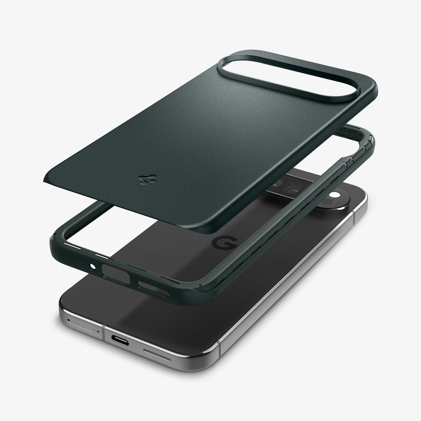 ACS07733 - Pixel 9 Pro XL Case Thin Fit in Abyss Green showing the back hovering above the detached frame and the device