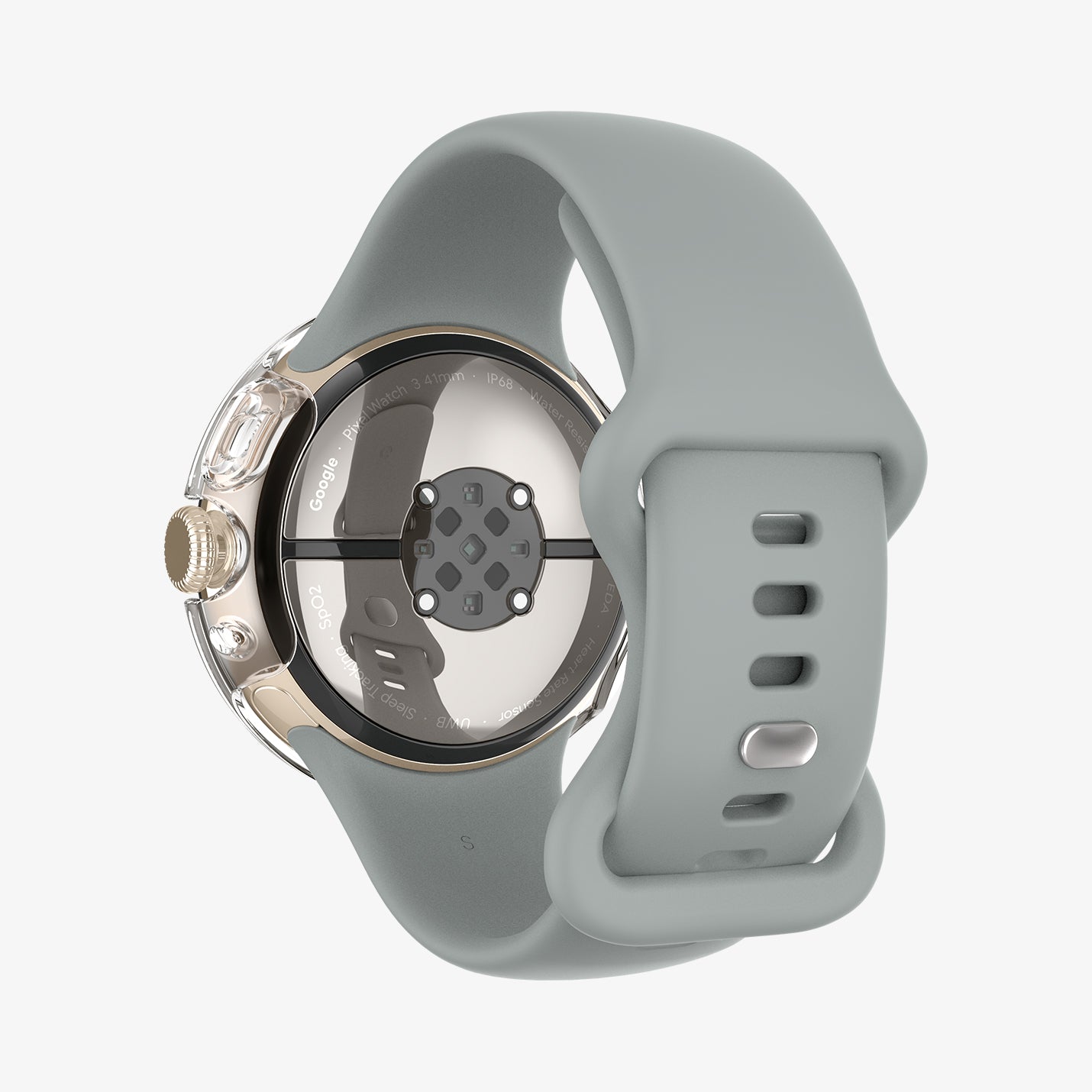 ACS07391 - Pixel Watch 2 Case Thin Fit in Crystal Clear showing the back, partial side installed on a watch