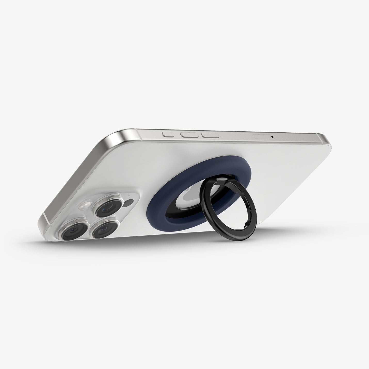 AMP09028 - MagSafe Phone Holder Nano Pop (MagFit) in Blueberry Navy showing the front of the phone holder, ring propped up as a stand attached to the back of the device