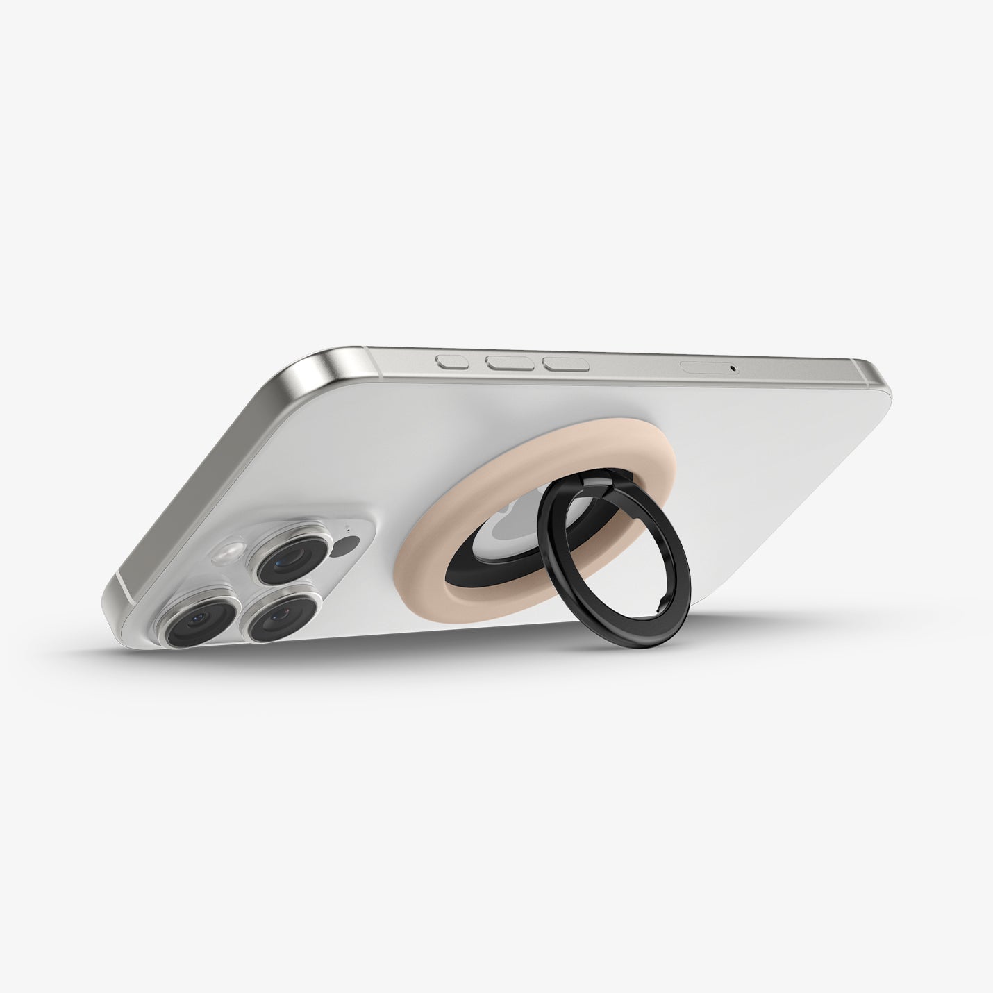 AMP09031 - MagSafe Phone Holder Nano Pop (MagFit) in Coconut Beige showing the front of the phone holder, ring propped up as a stand attached to the back of the device