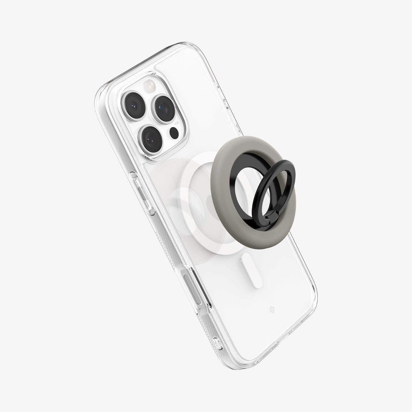AMP09032 - MagSafe Phone Holder Nano Pop (MagFit) in Truffle Gray showing the front of the phone holder hovering in front of the device showing its back