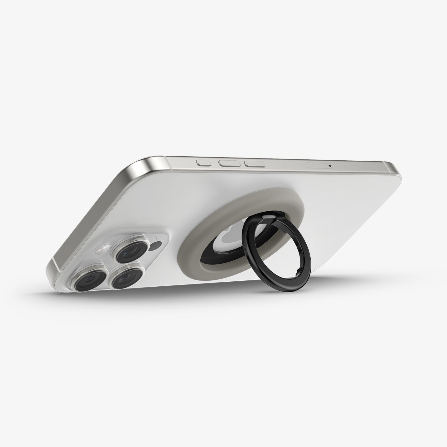 AMP09032 - MagSafe Phone Holder Nano Pop (MagFit) in Truffle Gray showing the front of the phone holder, ring propped up as a stand attached to the back of the device