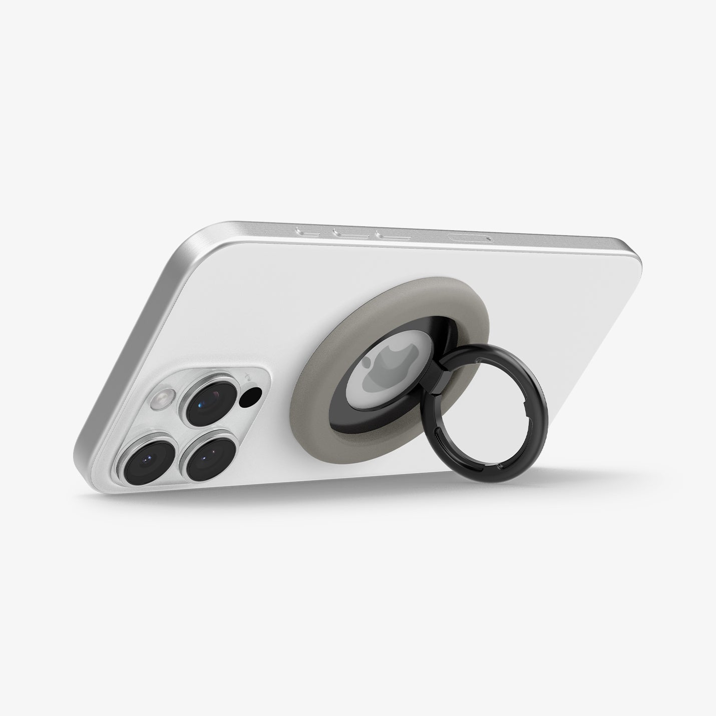 AMP09032 - MagSafe Phone Holder Nano Pop (MagFit) in Truffle Gray showing the front of the phone holder, ring propped up as a stand attached to the back of the device