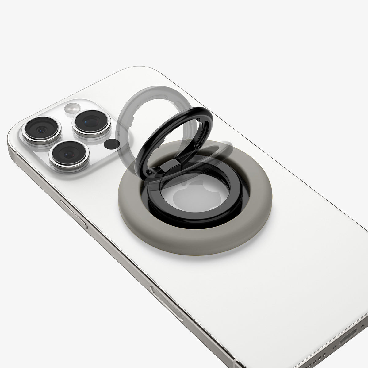 AMP09032 - MagSafe Phone Holder Nano Pop (MagFit) in Truffle Gray showing the front of the phone holder and it's flexibility