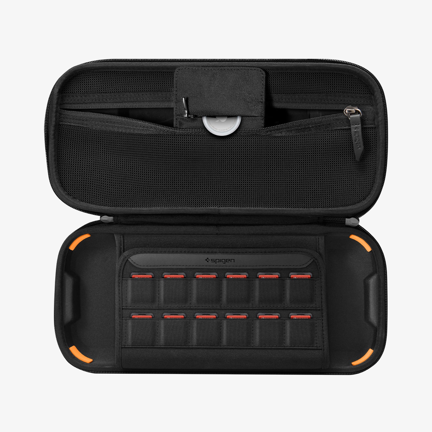 AGP09475 - Nintendo Switch 2 Rugged Armor Pro Pouch in Black showing the inner fully open with airtag attached