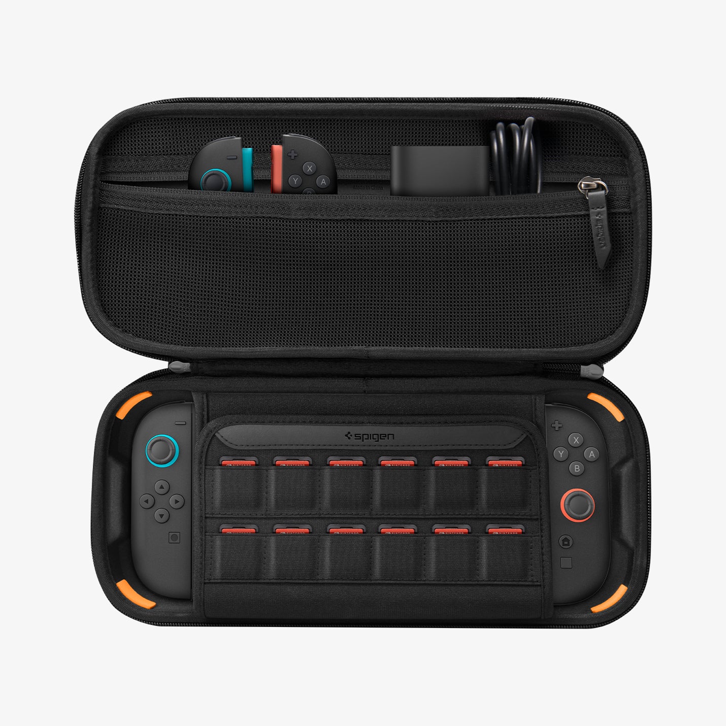 AGP09475 - Nintendo Switch 2 Rugged Armor Pro Pouch in Black showing the inner fully open with device and multiple items inside