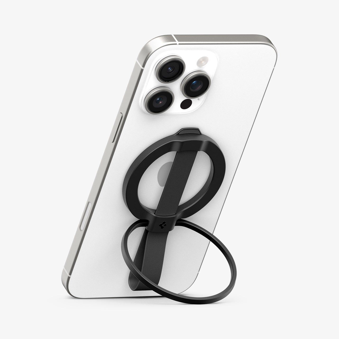 AMP08551 - O-Mag Magnetic Phone Holder (MagFit) | OM103 in Black showing the front, attached to the back of the device propped up as a kickstand