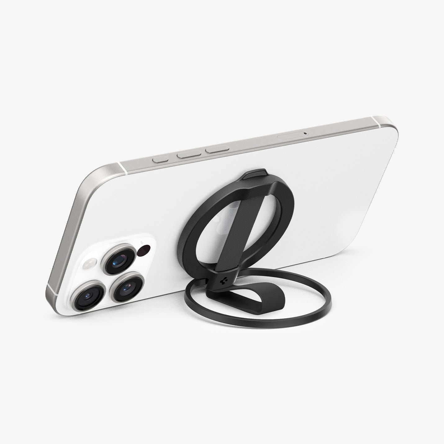 AMP08551 - O-Mag Magnetic Phone Holder (MagFit) | OM103 in Black showing the front, attached to the device propped up as a kickstand in landscape position