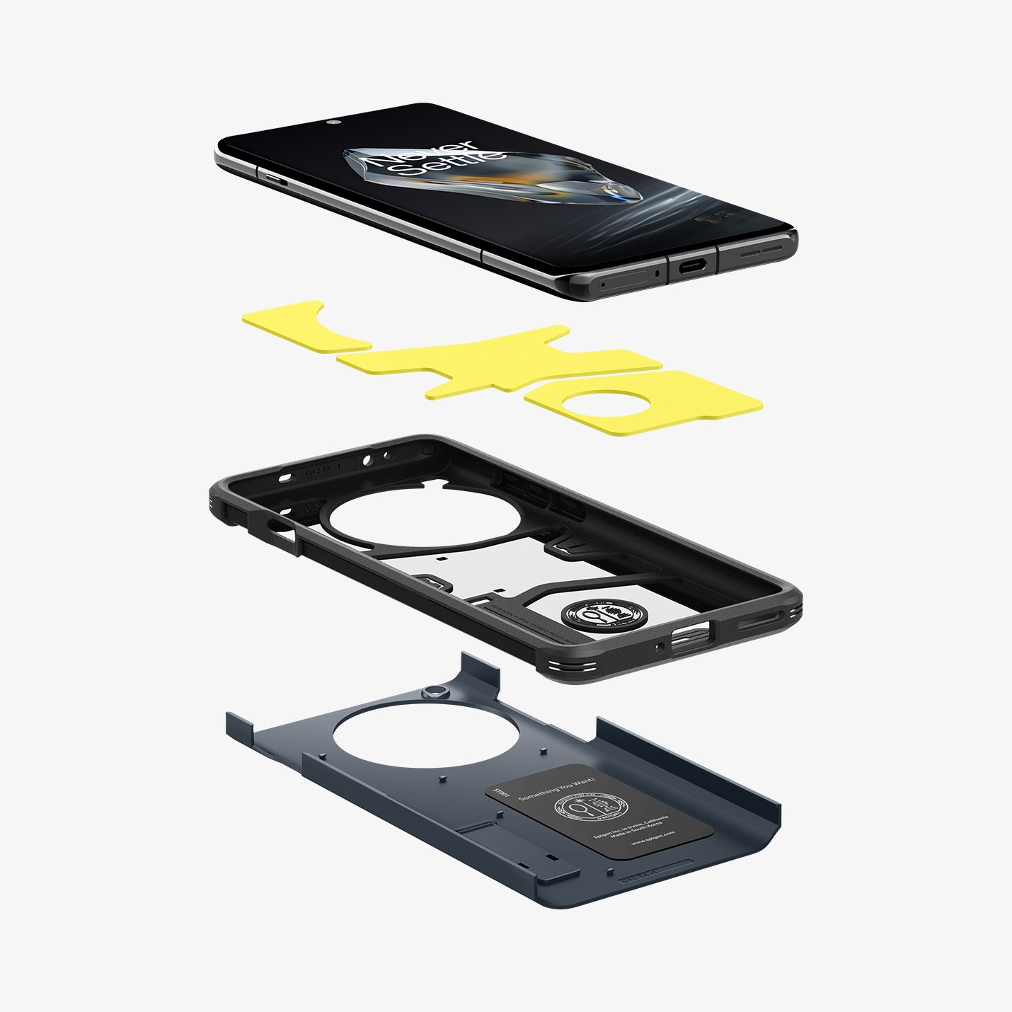 ACS07377 - OnePlus 12 Case Tough Armor in Matte Black showing the front of device hovering above the impact foam detached from the frame and the hard back layer of the case