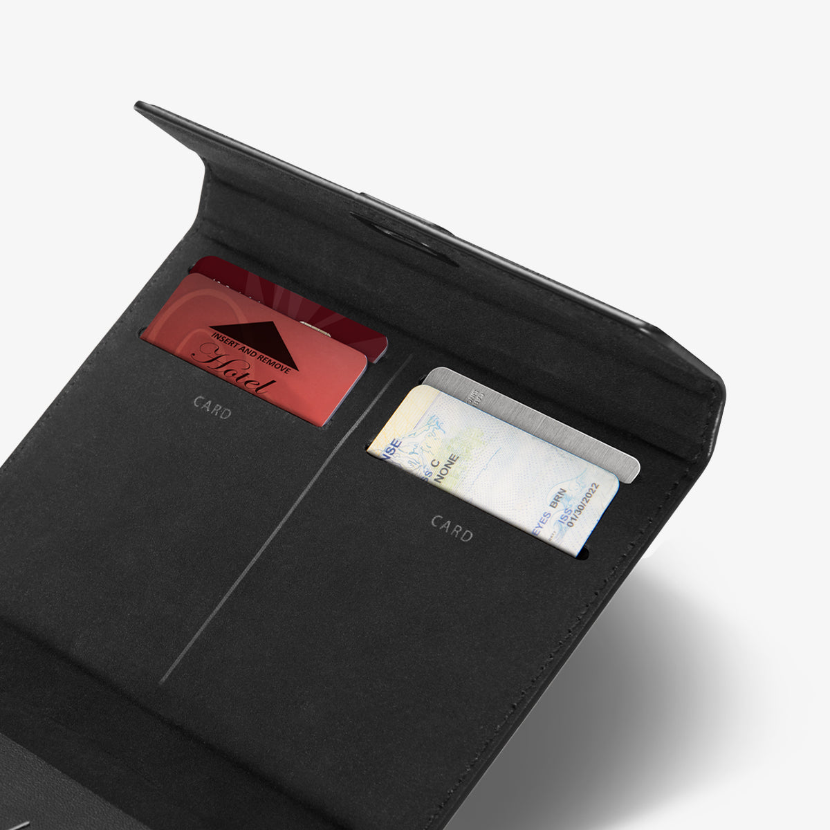AFA05538 - Passport Holder in black showing the inner with slots for cards with cards inserted