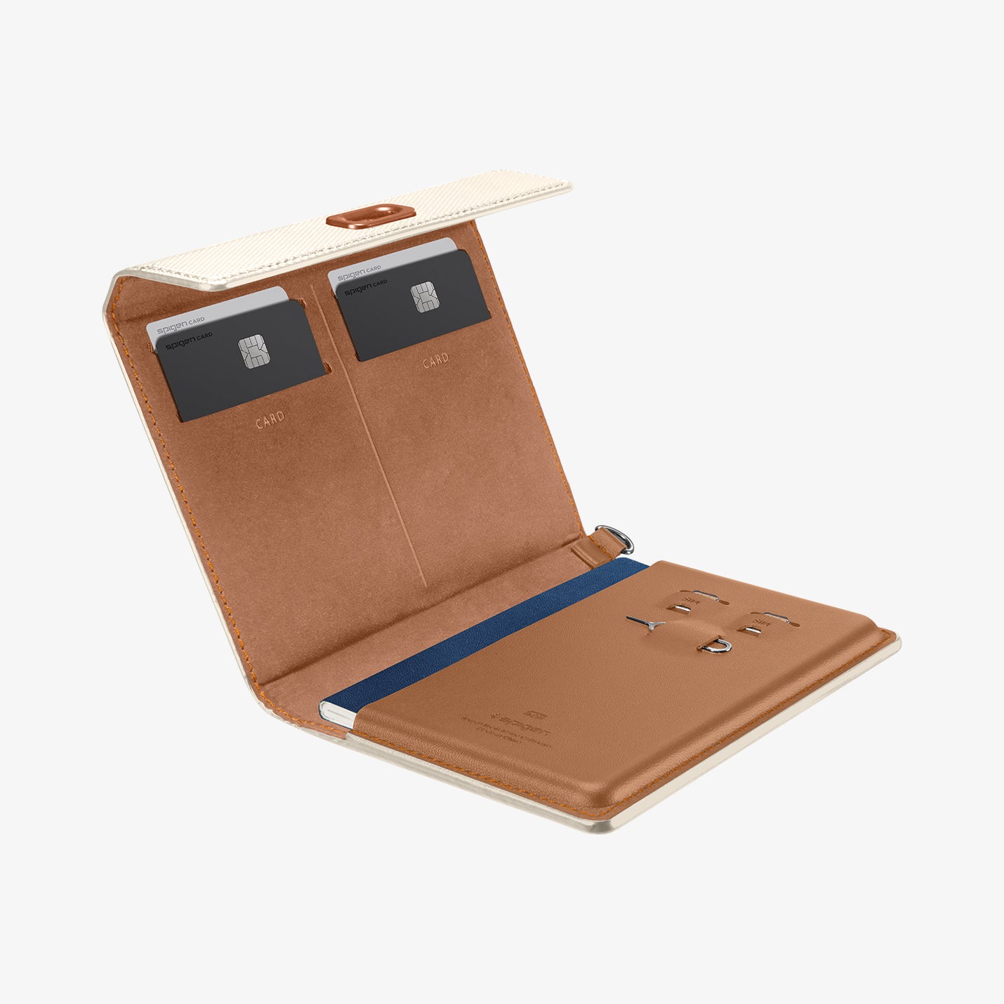 AFA08348 - Passport Holder in dune beige showing the inside with cards and passport in slots