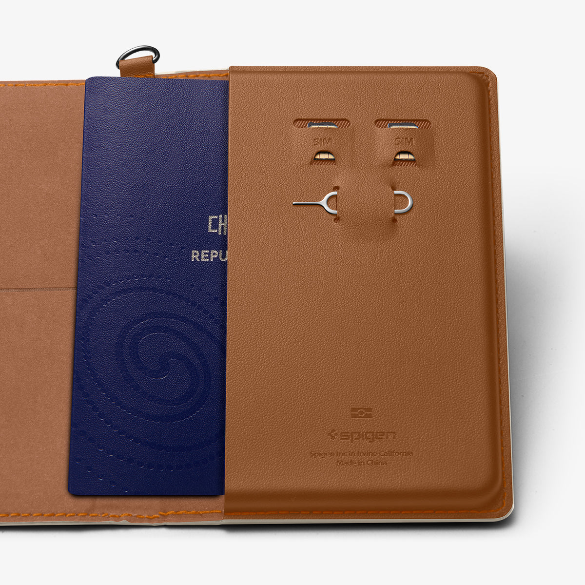 AFA08348 - Passport Holder in dune beige showing the inner slot of passport, sim slots for sim cards and a pin ejector