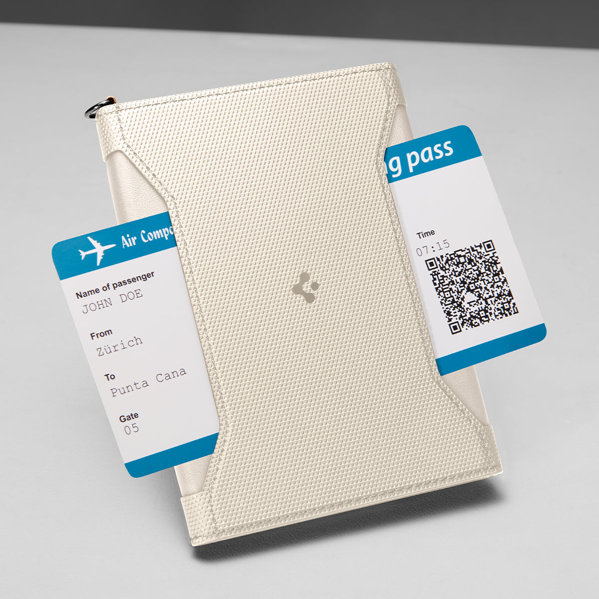 AFA08348 - Passport Holder in dune beige showing the front with pass card inserted to a secret pocket