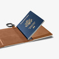 AFA08348 - Passport Holder in dune beige showing the inside with passport in slot and carabiner