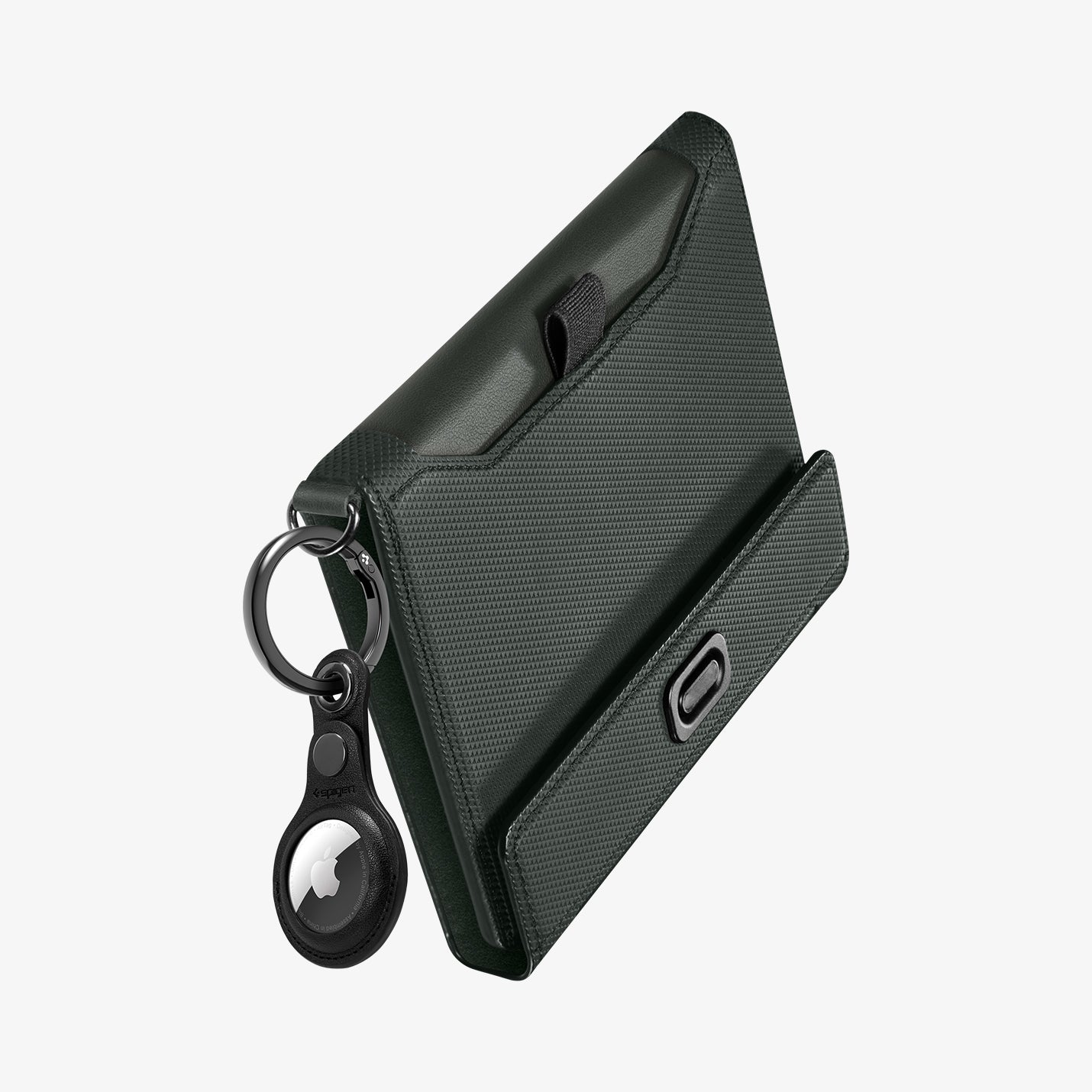 AFA08347 - Passport Holder in military green showing the back, side and airtag on attached keychain