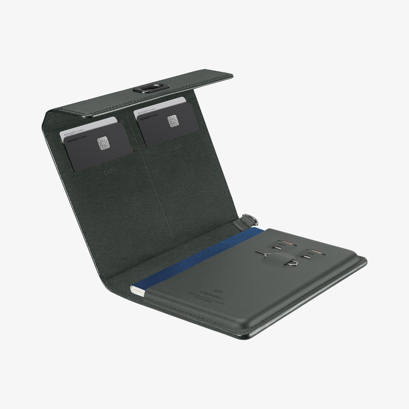AFA08347 - Passport Holder in military green showing the inside with cards and passport in slots