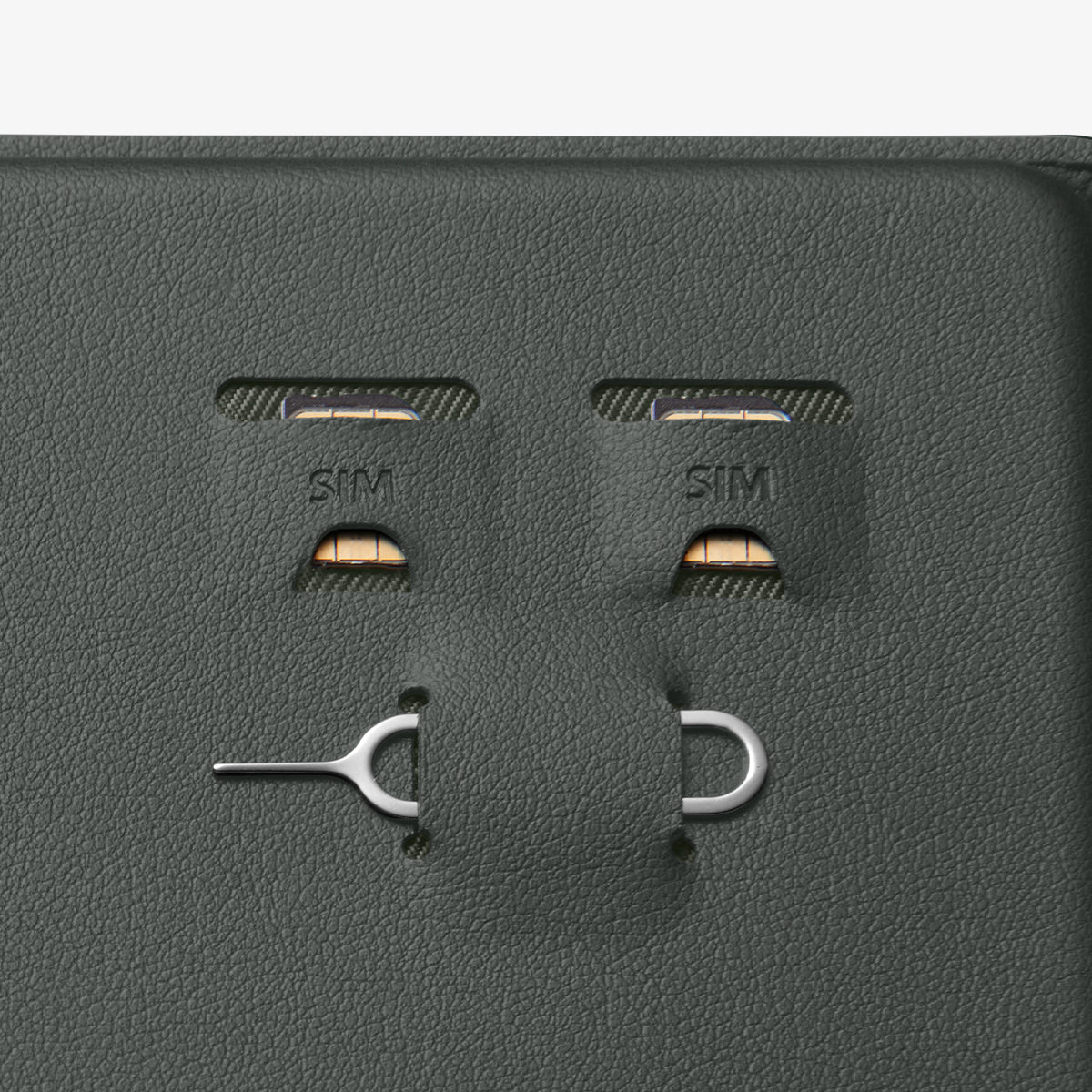AFA08347 - Passport Holder in military green showing the sim slots for sim cards and a pin ejector