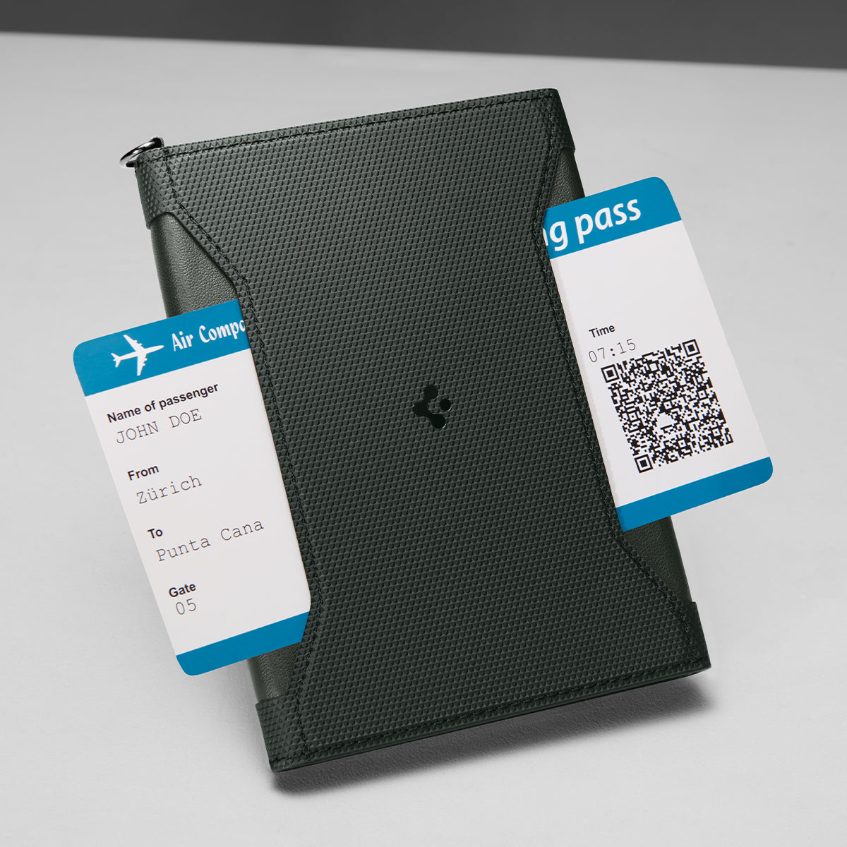 AFA08347 - Passport Holder in military green showing the front with pass card inserted to a secret pocket