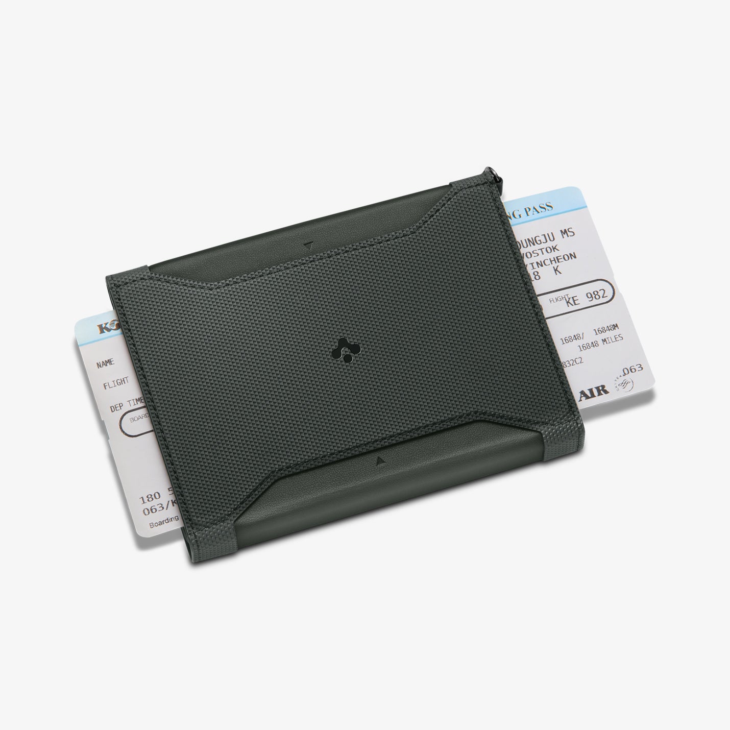 AFA08347 - Passport Holder in military green showing the front with ticket inserted