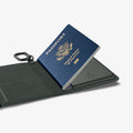 AFA08347 - Passport Holder in military green showing the inside with passport in slot and carabiner