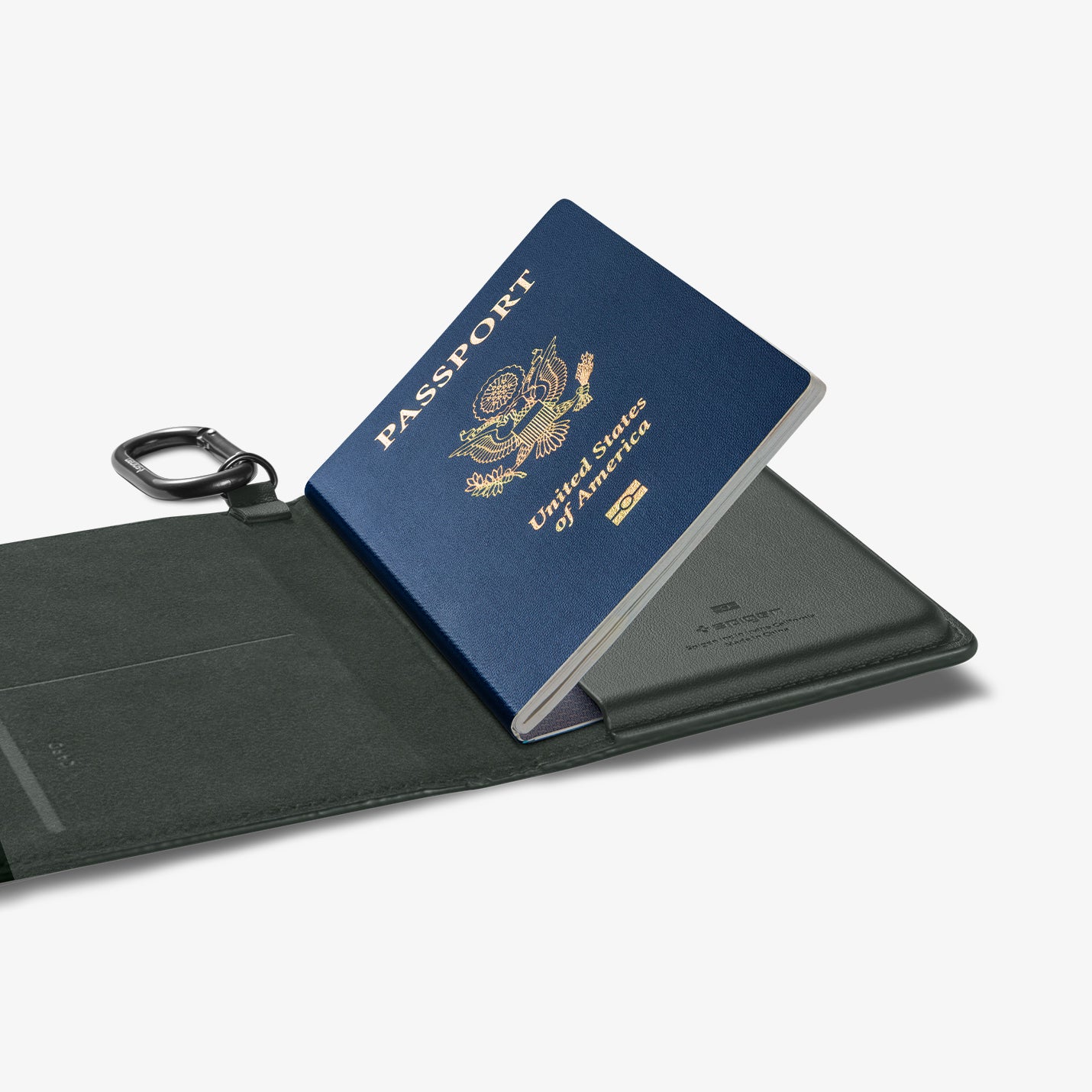 AFA08347 - Passport Holder in military green showing the inside with passport in slot and carabiner