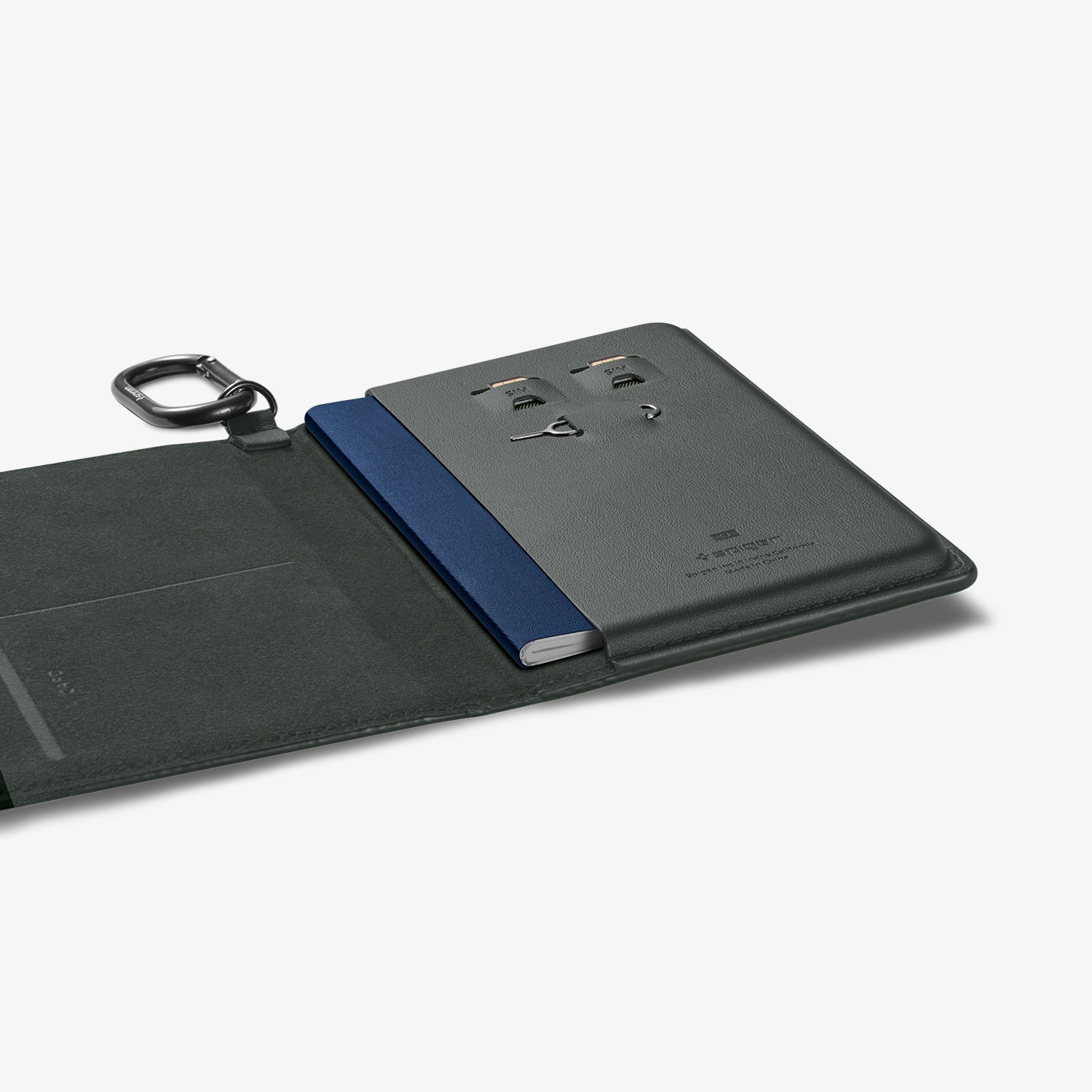 AFA08347 - Passport Holder in military green showing the inside with passport in slot