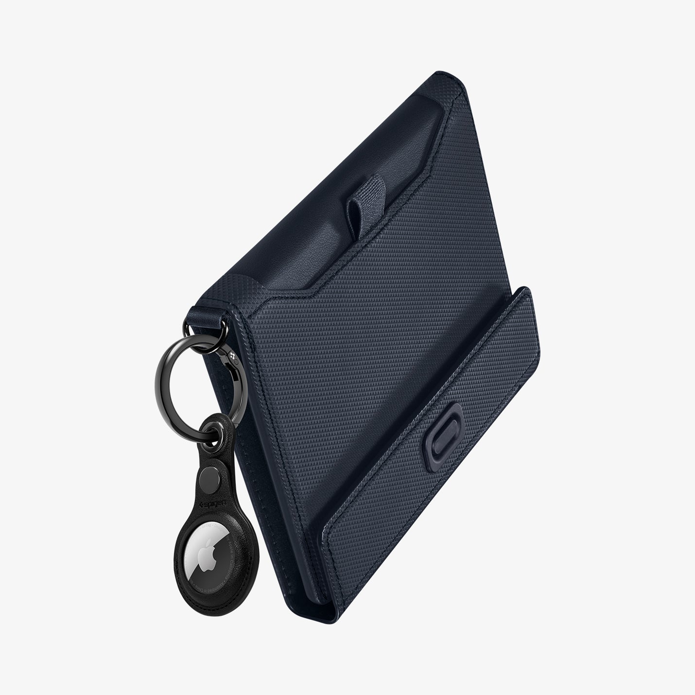 AFA08721 - Passport Holder in Navy Blue showing the back, side and airtag on attached
