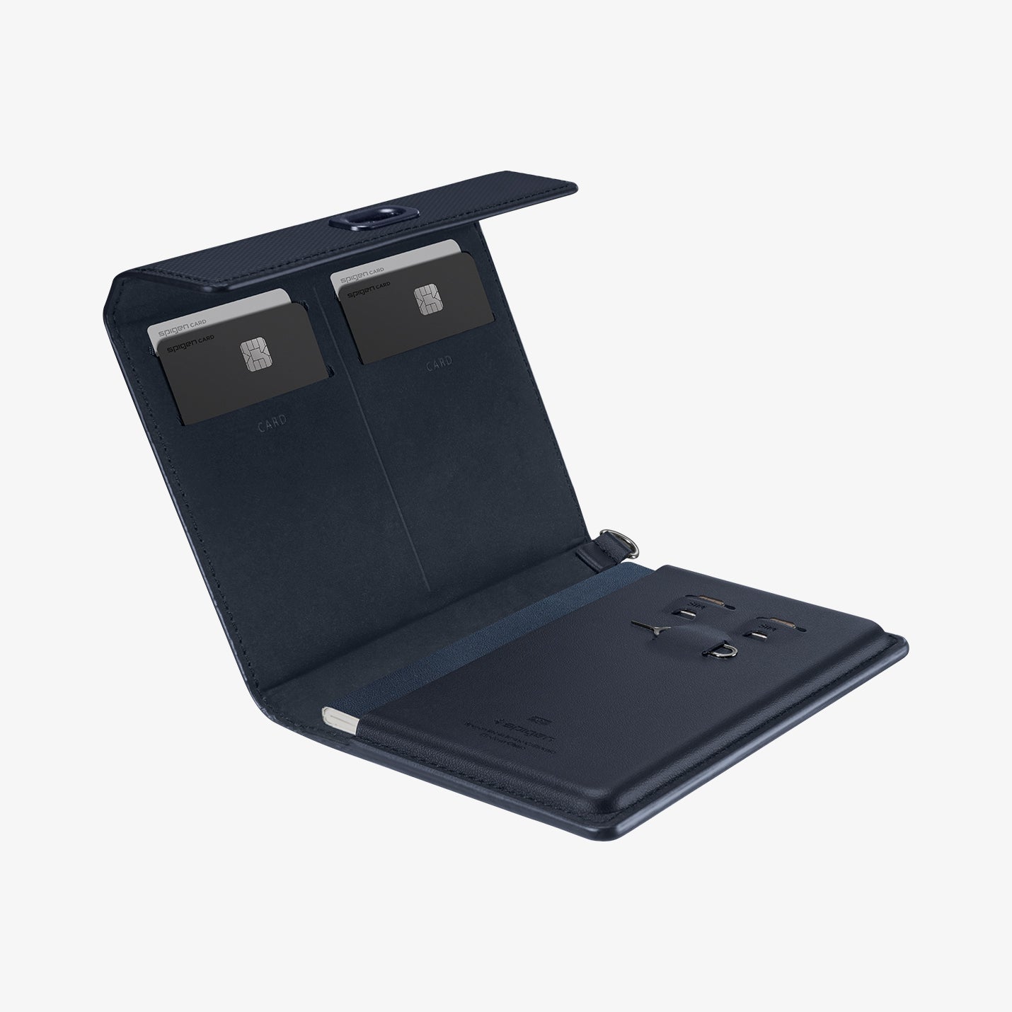 AFA08721 - Passport Holder in Navy Blue showing the inside with cards and passport in slots