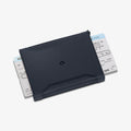 AFA08721 - Passport Holder in Navy Blue showing the front with ticket inserted